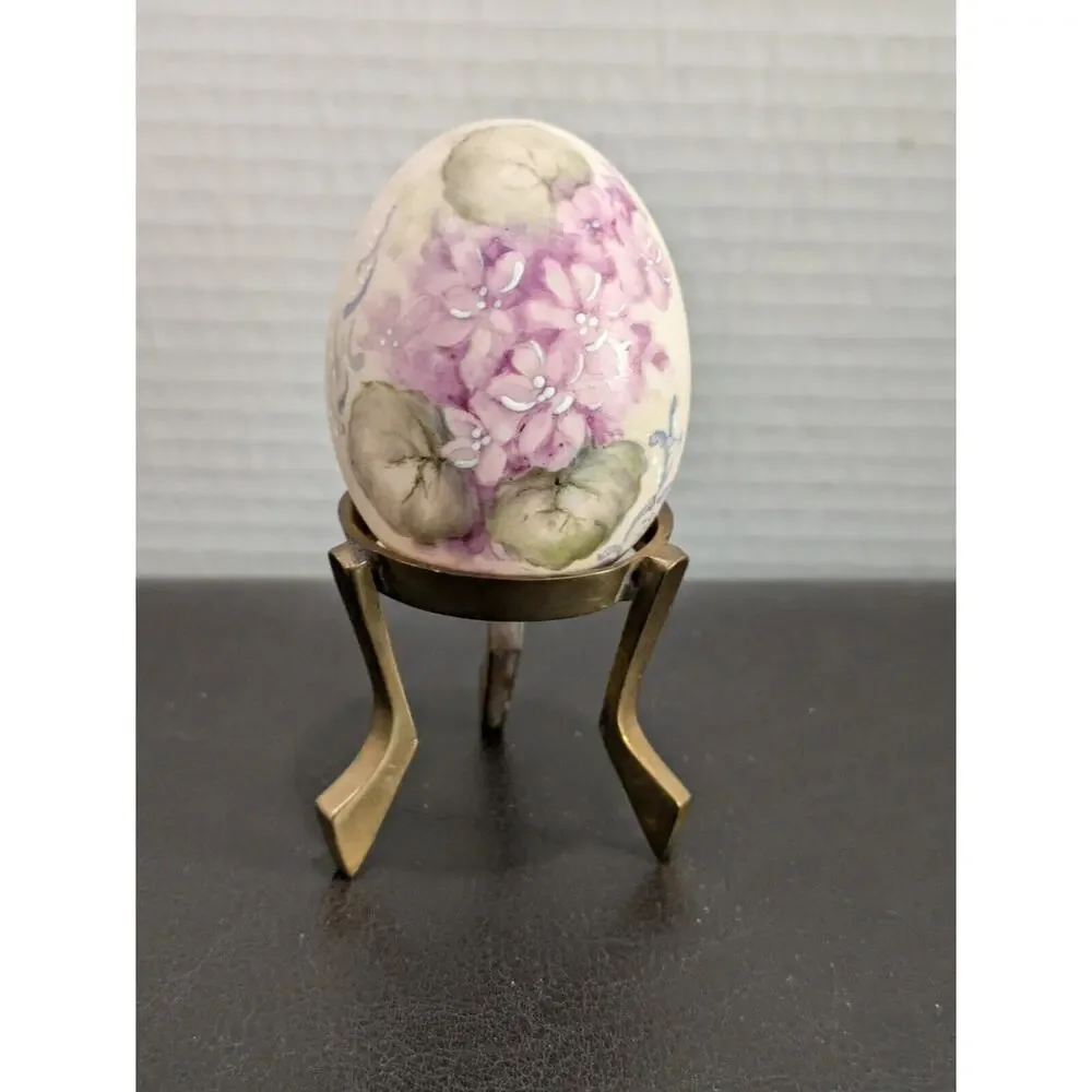 Vintage Hand Painted Decorative Floral Porcelain/Ceramic Egg w/‎ brass stand